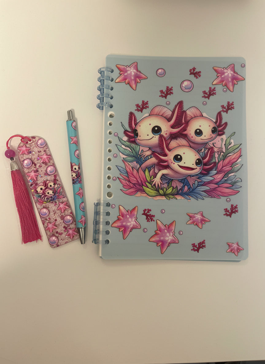 Geschenkset- A5 Notizblock nachfüllbar mit Lesezeichen und Kugelschreiber