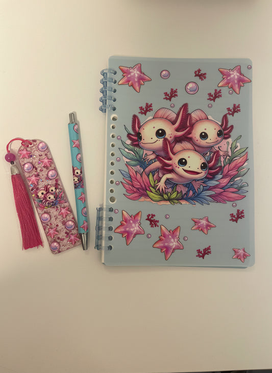 Geschenkset- A5 Notizblock nachfüllbar mit Lesezeichen und Kugelschreiber