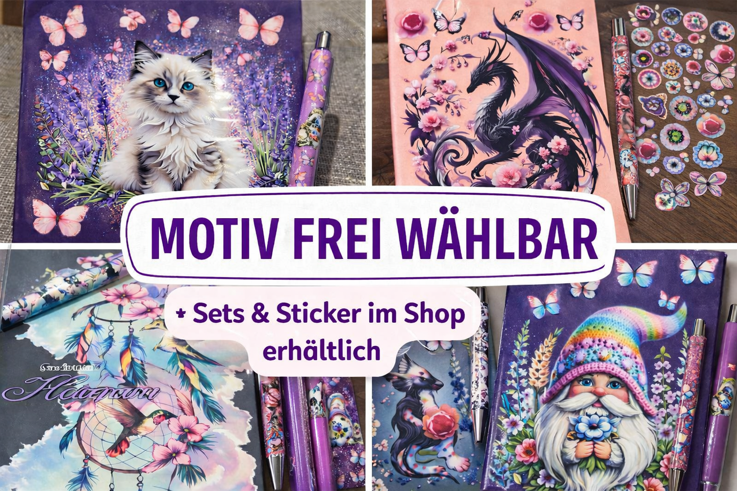 Geschenkset A5 –  Motiv frei wählbar - handveredelt – Notizblock Set mit Lesezeichen & Stift